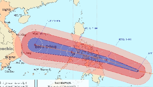 Sơ đồ đường đi và vị trí bão Haiyan của Trung tâm dự báo khí tượng thủy văn Trung ương.